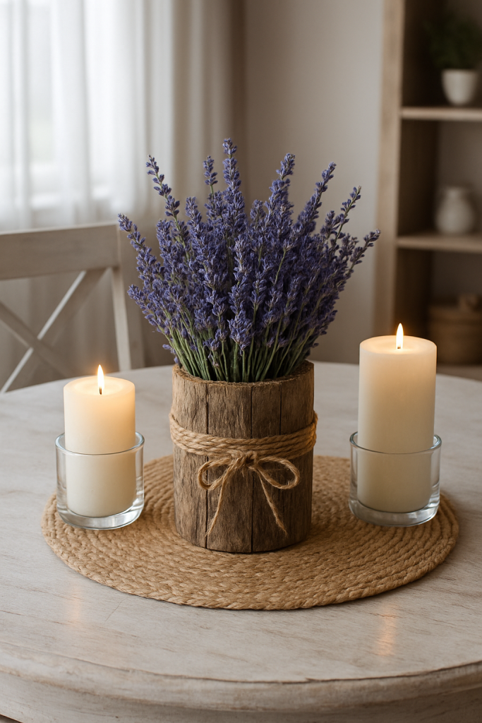 un ramo de lavanda en un jarro de madera rodeado de velas : hermosa manera de decorar con flores secas 