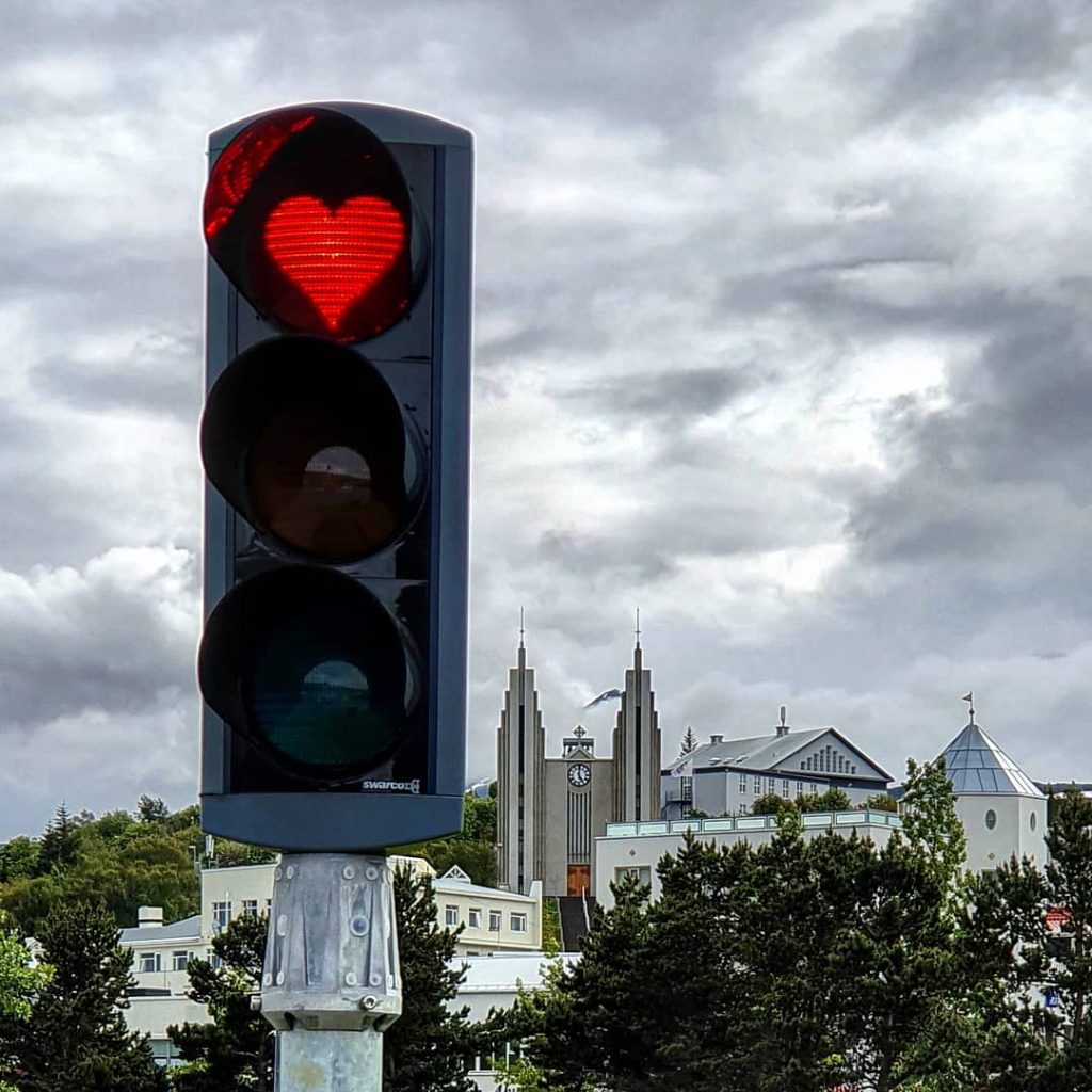 Heart-shaped traffic light in downtown Akureyri
