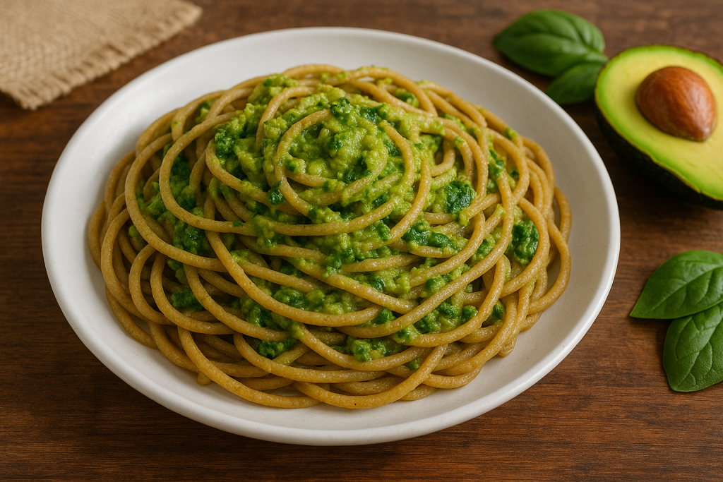recetas saludables para principiantes  pasta integral con pesto de aguacate 