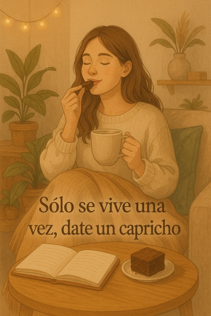 A woman treats herself with a little piece of chocolate : Lift your mood at home after having a bad day ..You dou Only Live Once.YOLO