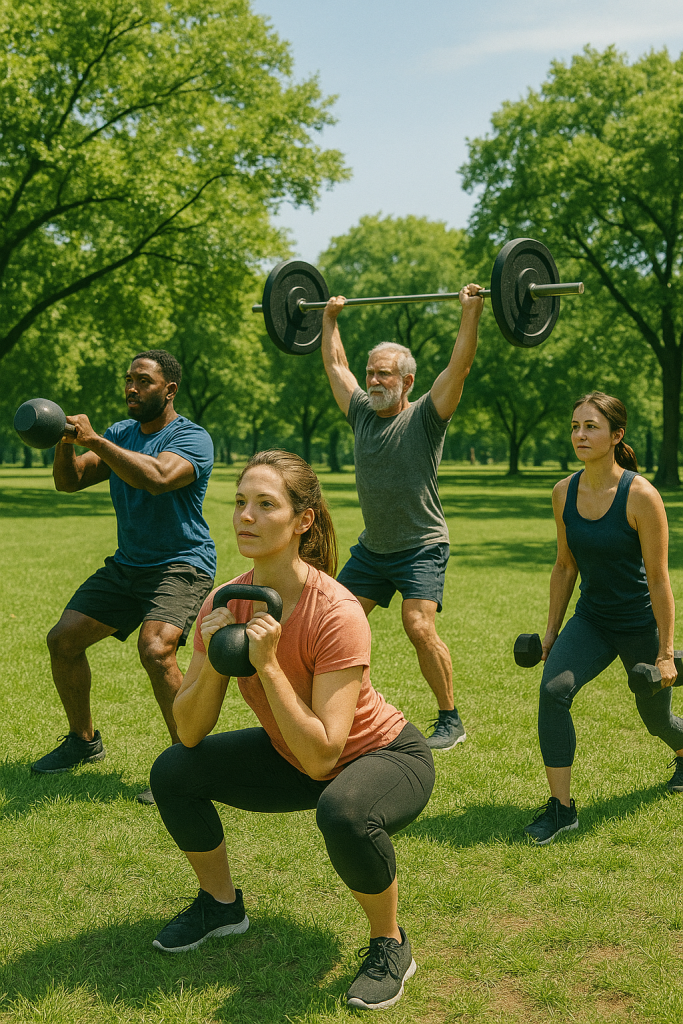 Un grupo de personas practican juntos el deporte en un parque público para consolidar este  hábito nuevo