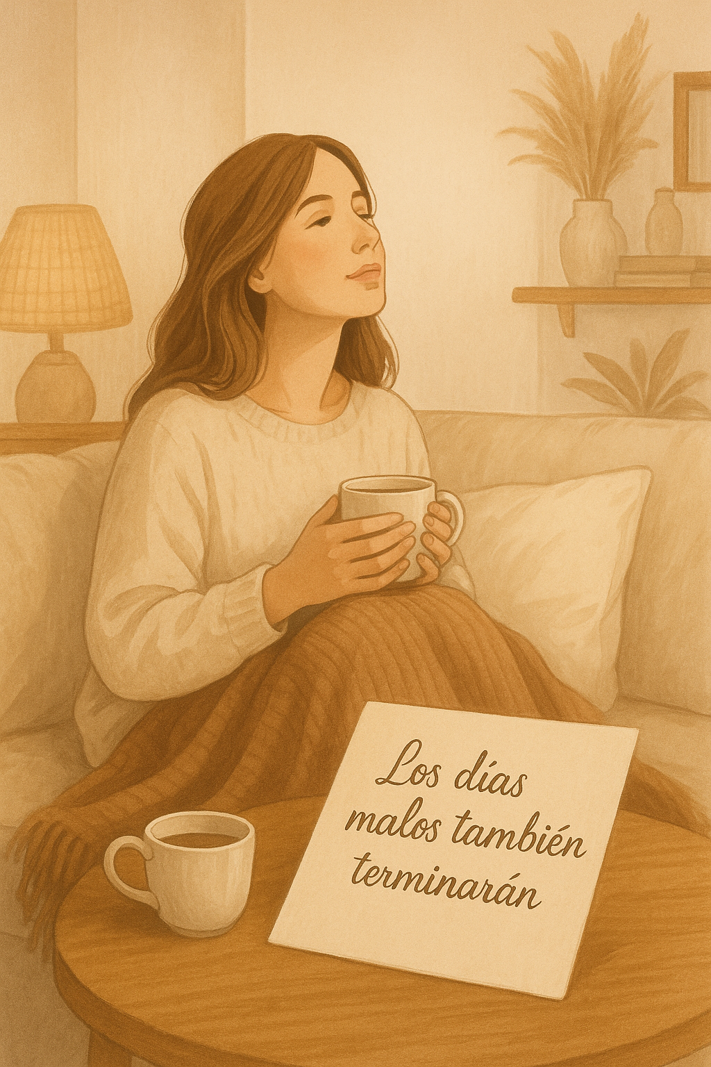 mujer -respira-tranquila -sosteniendo-una taza de infusión.Practica cómo   mejorar el ánimo cuando tienes un  mal día en casa