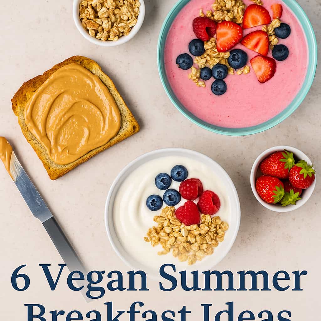 desayuno vegano con avena , fresa, arándanos, tostada y mantequilla de cacahuete 