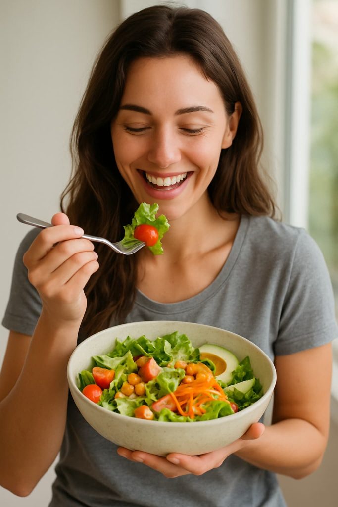 Joven mujer sonriente disfrutando una ensalada vegana saludable en un entorno luminoso y natural