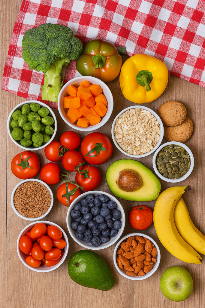 alimentos veganos expuestos en una mesa de madera con mantel de cuadros.