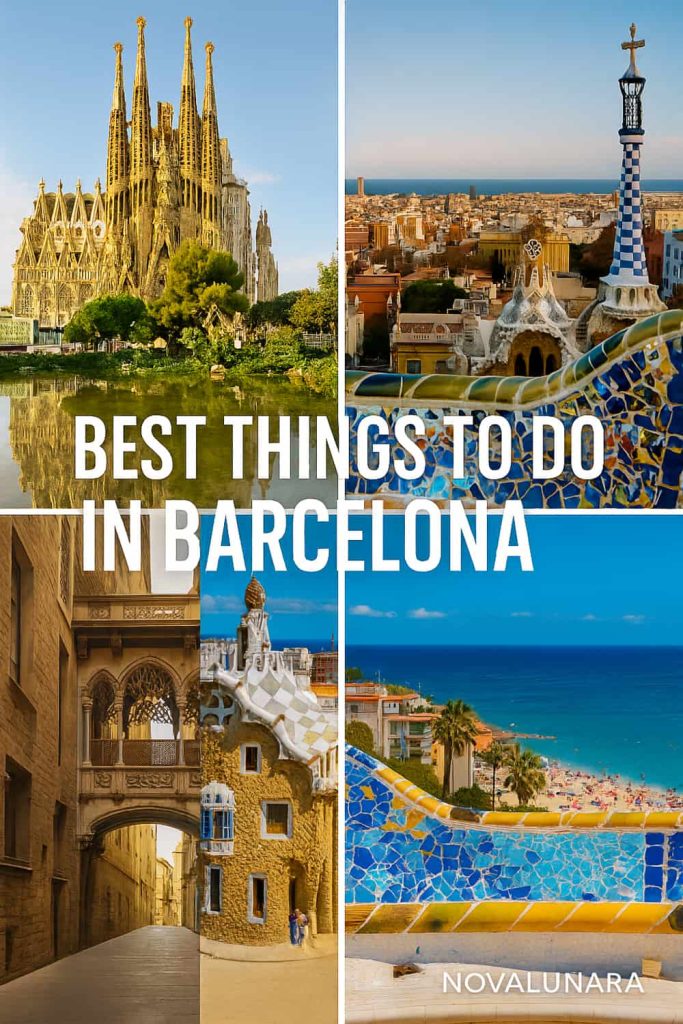 Collage showing best things to do in Barcelona iconic places like Sagrada Família, Gothic Quarter, and Barceloneta Beach under the blue sky