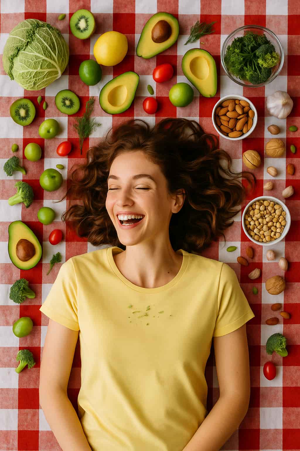 mujer feliz tumbada encima de mantel de cuadros rodeada de alimentos veganos