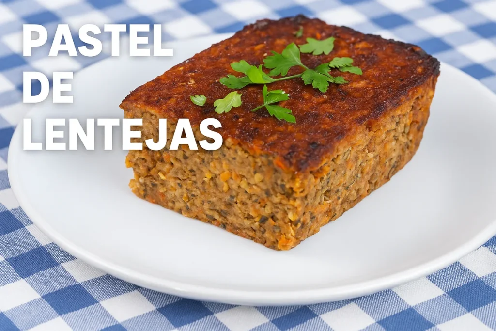 Pastel vegano de lentejas servido en un plato sobre mantel de cuadros