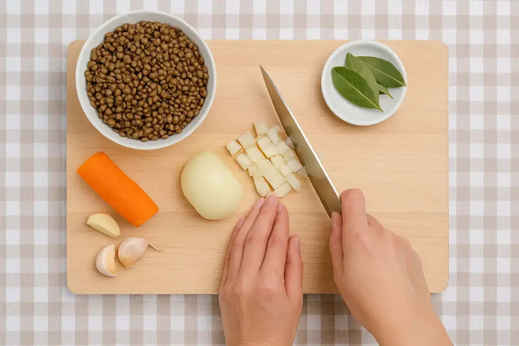 Preparación del pastel vegano de lentejas con verduras frescas