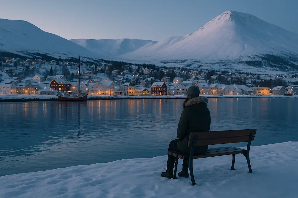 Mujer viajando sola en invierno en Akureyri, sentada en un banco con vistas al fiordo