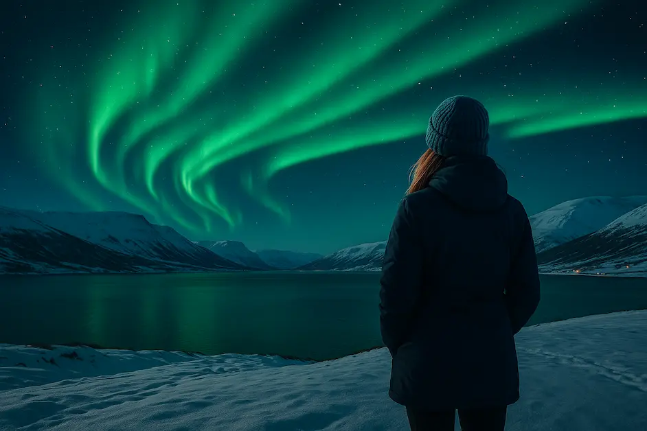 Mujer sola contemplando auroras boreales sobre el fiordo de Akureyri en invierno
