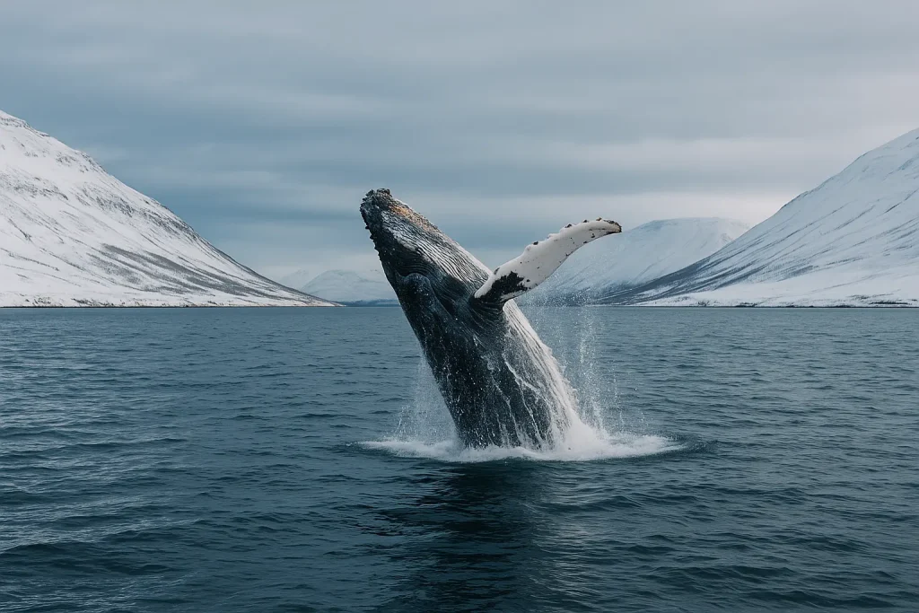 Ballena jorobada emergiendo en el fiordo islandés ,Eyjafjörður,durante el invierno.
