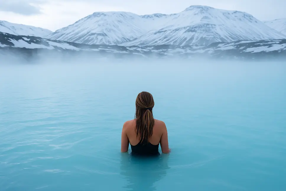 Escena invernal en baños termales en Islandia. Una mujer disfruta del agua geotermal