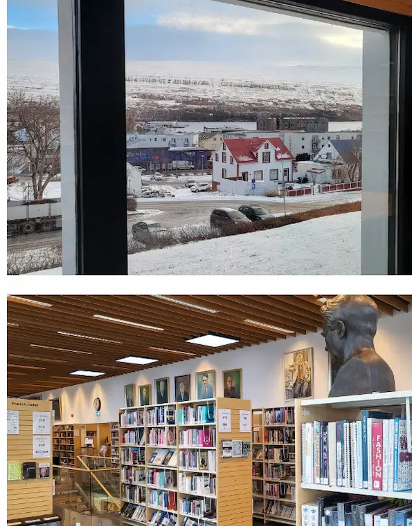 Biblioteca Municipal de Akureyri con vistas al exterior de un dia de invierno en islandia akureyri