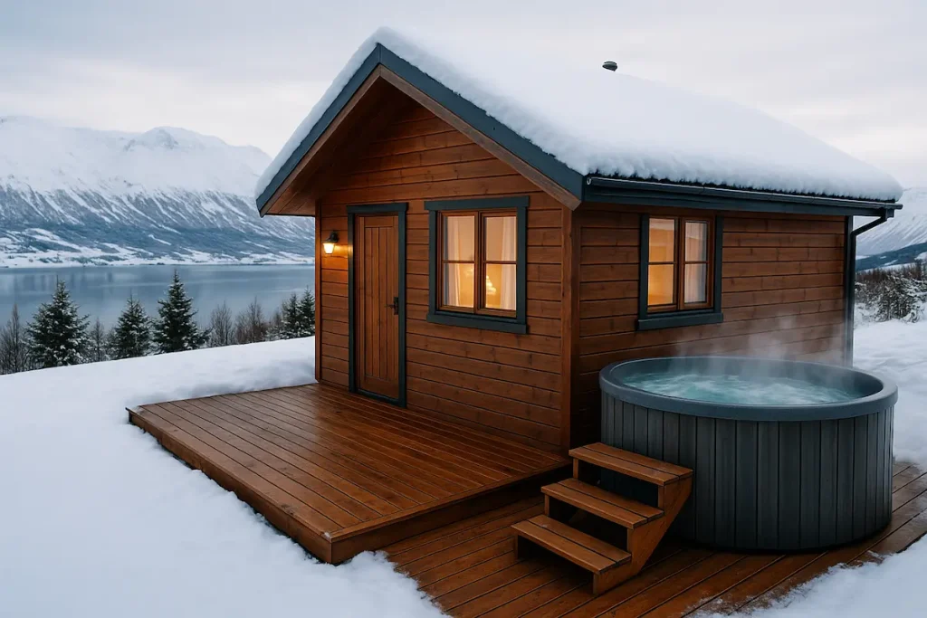 Cabaña de madera con jacuzzi exterior rodeada de nieve en Akureyri, Islandia