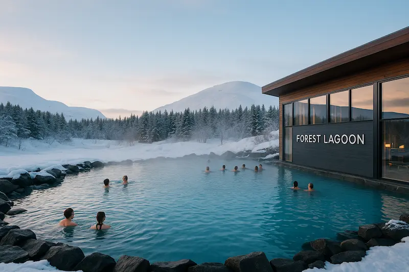 personas tomando baños relajados en Piscina geotermal de Forest Lagoon rodeada de bosque nevado en Akureyri
