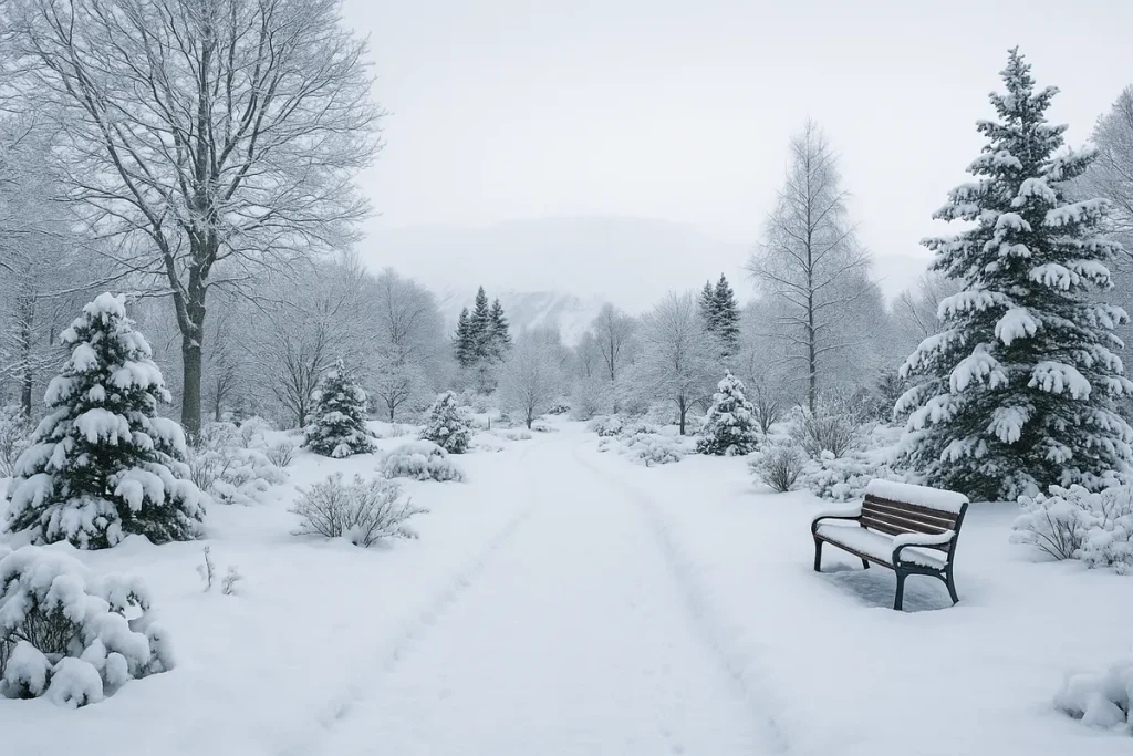 Senderos nevados en el Jardín Botánico de Akureyri, Islandia, en invierno