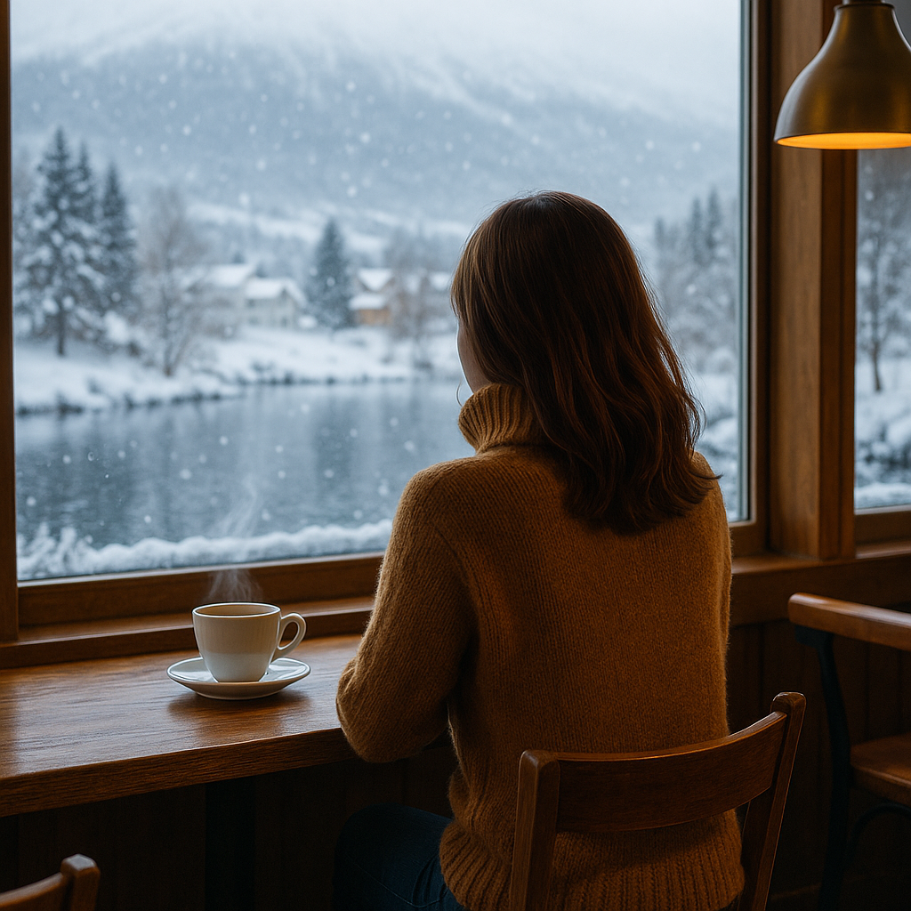 Viajar sola a Akureyri en invierno: mujer sentada en un café con vistas al paisaje nevado
