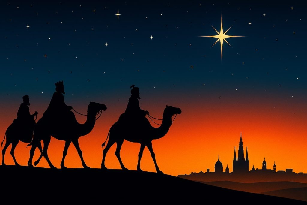 Los Reyes Magos en Barcelona al amanecer sobre la ciudad -ilustración con Melchor, Gaspar y Baltasar