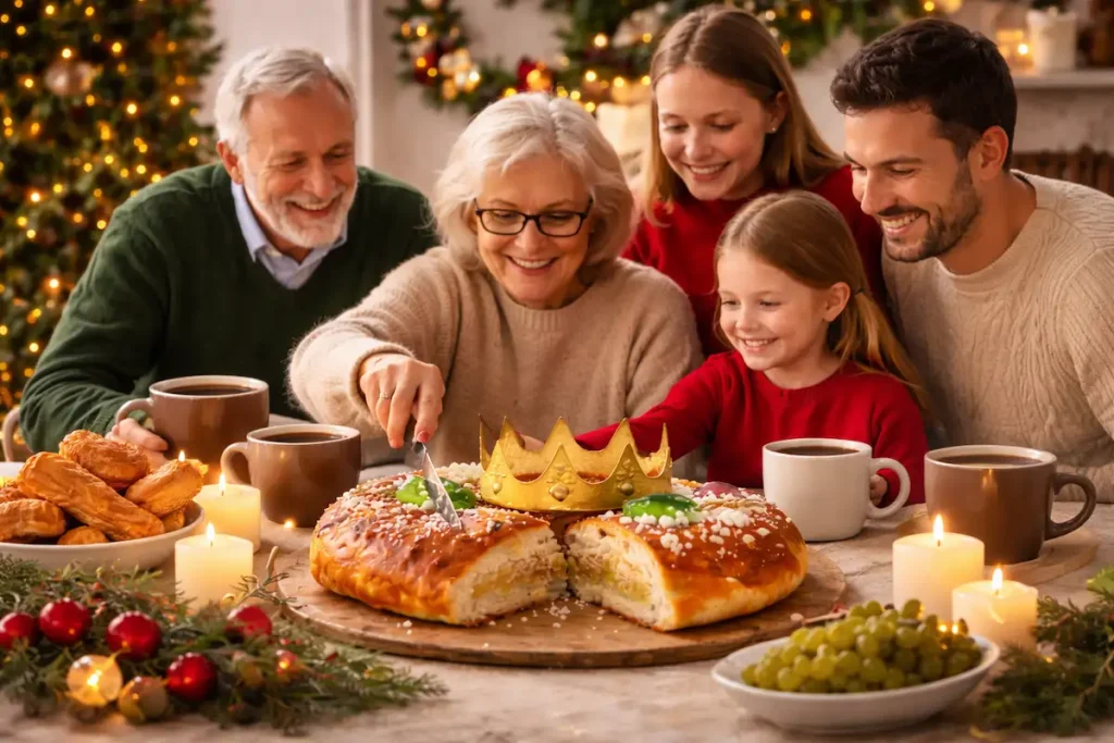 Familia celebrando y cortando el tortell de reis con tazas de chocolate caliente y café